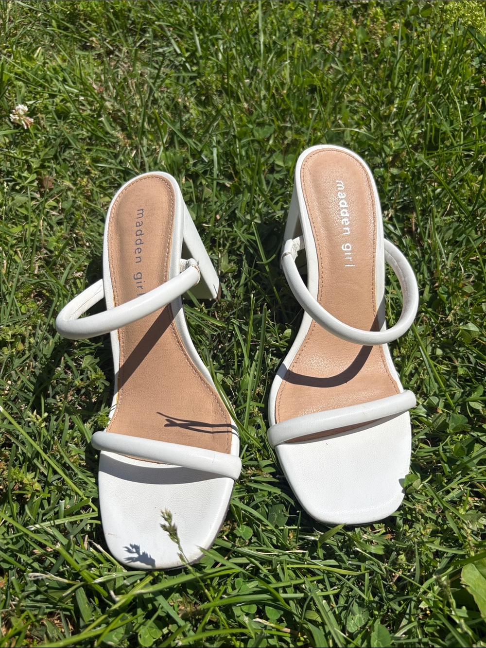 Madden Girl White Double-Strap Square Toe Block Heel Sandals